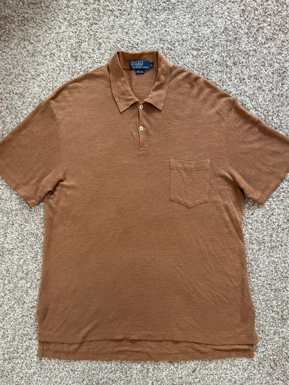 Vintage Polo Ralph Lauren 100% Linen Knit Polo Shirt Brown Tan Mesh Mens Large